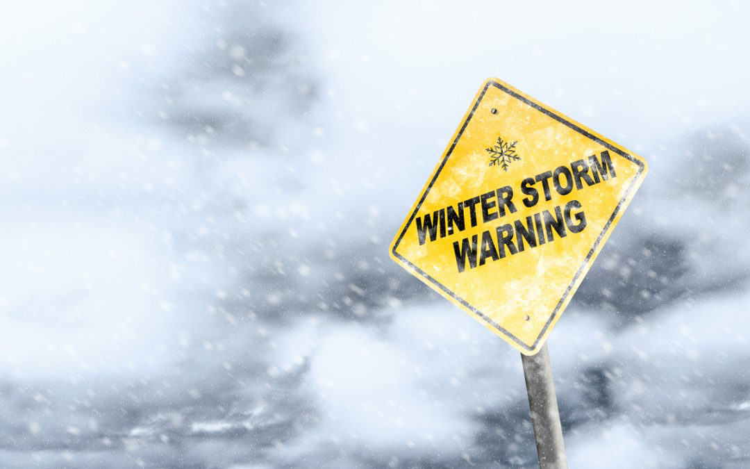 An image of a sign that says winter storm warning with a snow storm in the background